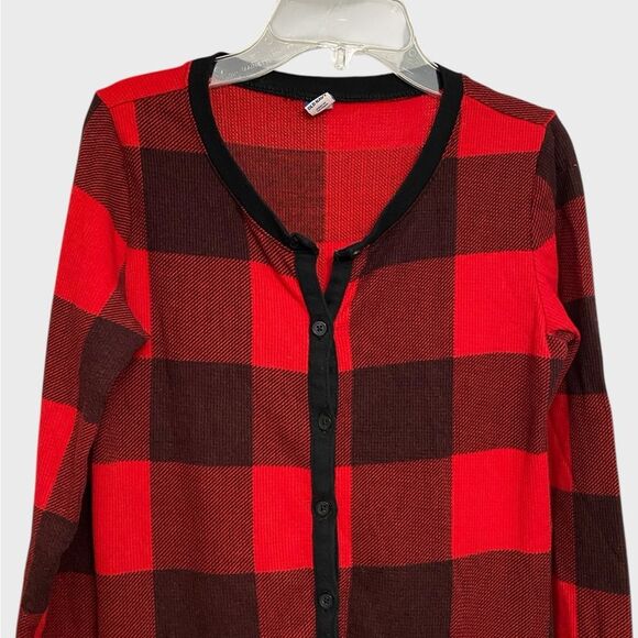 Old Navy Thermal Knit One-Piece Pajama Women's Sz L Red Black Plaid Cozy Buttons - Picture 5 of 16